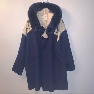 Linda Lundstrom LaParka Vintage Elegant Blue and Cream Wool Coat L